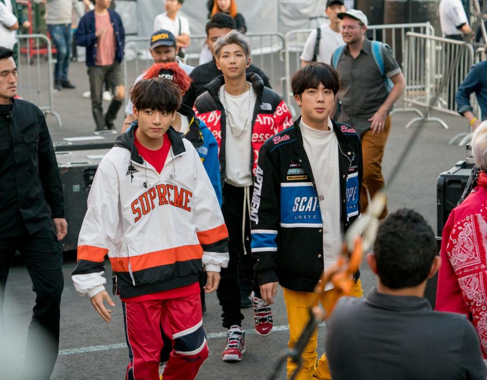 LOS ANGELES, CA - NOVEMBER 15: Korean K-pop band 'BTS' are seen at 'Jimmy Kimmel Live' on November 15, 2017 in Los Angeles, California. (Photo by RB/Bauer-Griffin/GC Images)
