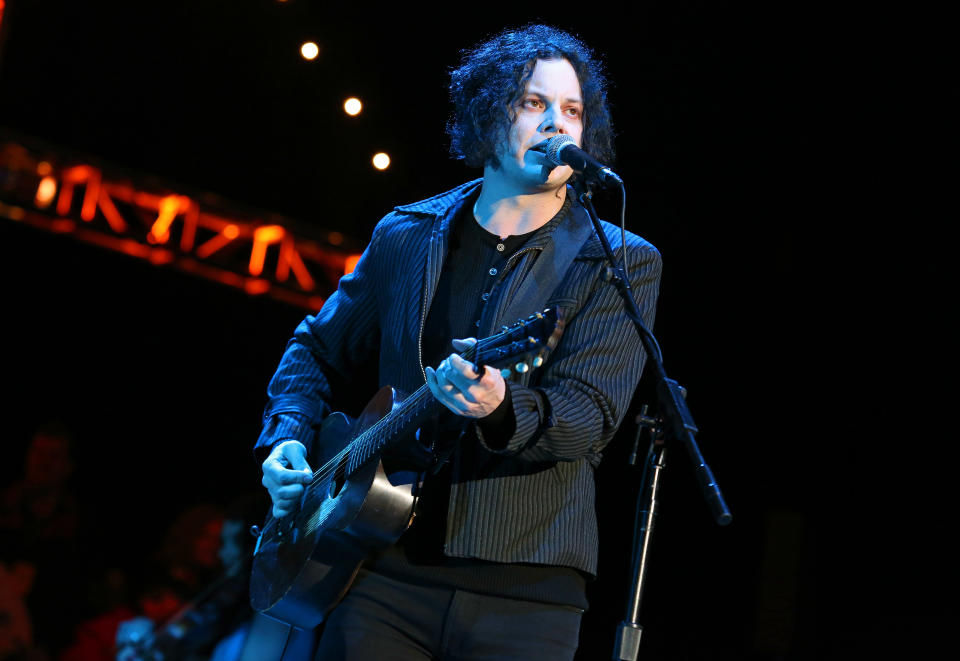 FILE - This Oct. 20, 2012 file photo shows Jack White performing at the Bridge School Benefit Concert in Mountain View, Calif. White is going direct to vinyl with the first live performance of a song off his upcoming album on Record Store Day. Fans will get to see him perform the title track from "Lazaretto" on Saturday morning, which will be recorded and pressed into a limited edition vinyl record that afternoon. (Photo by Barry Brecheisen/Invision/AP, FIle)