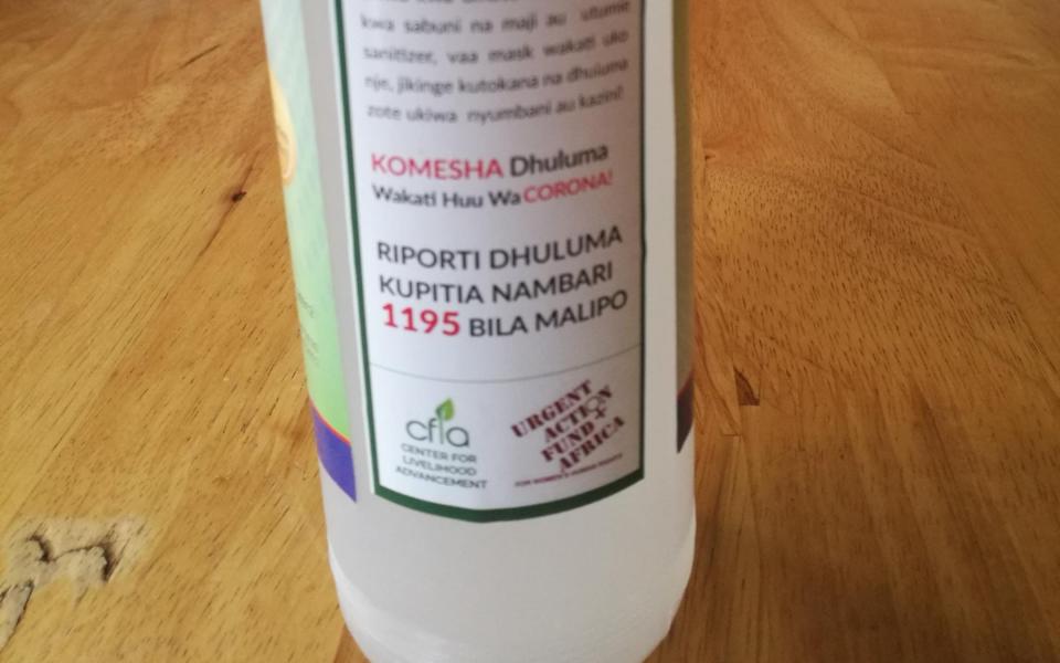 The domestic and sexual violence helpline numbers included on the hand sanitiser bottles - Center for Livelihood Advancement/CFLA