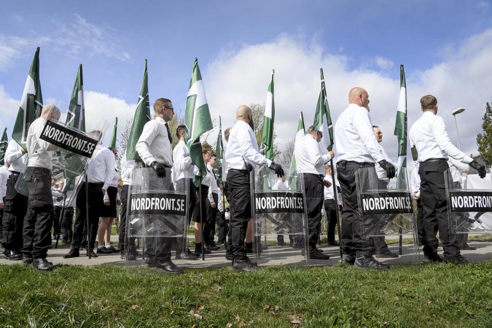 Members of the Nordic Resistance Movement gather for a march in Ludvika, Sweden, on May 1. | Ulf Palm—ZUMA