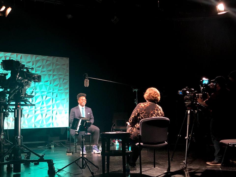 Behind the scenes of the filming of Panhandle PBS's Emmy winning "Living While Black" interview with RJ Soleyjacks (left) Karen Welch interviewing (right)