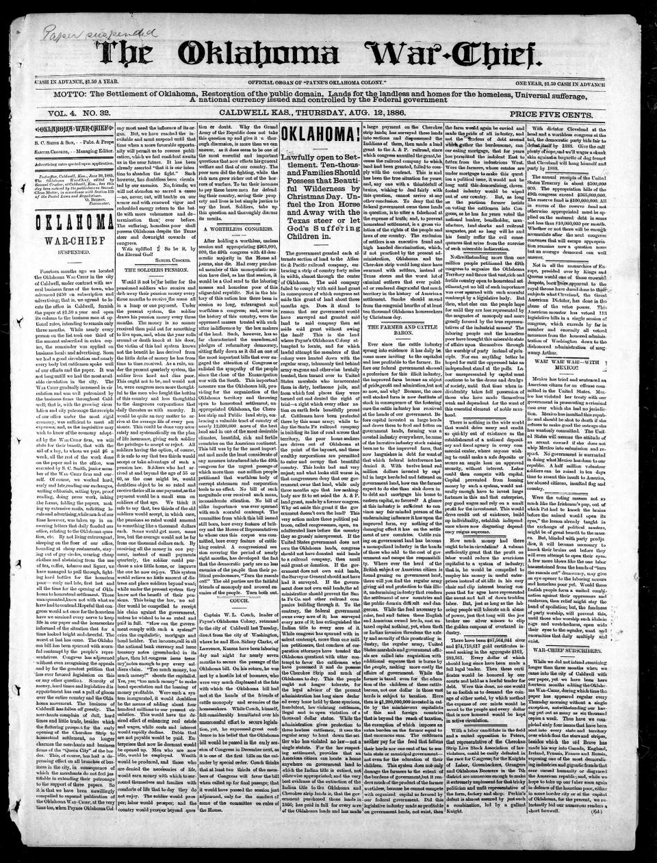 The Oklahoma War-Chief Newspaper from Aug. 12, 1886.