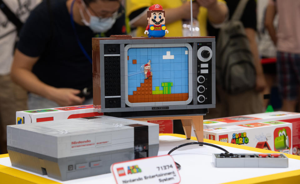 A LEGO Super Mario Nintendo Entertainment System toy set on display at the Taipei International ACG Exhibition in 2020. (Getty)