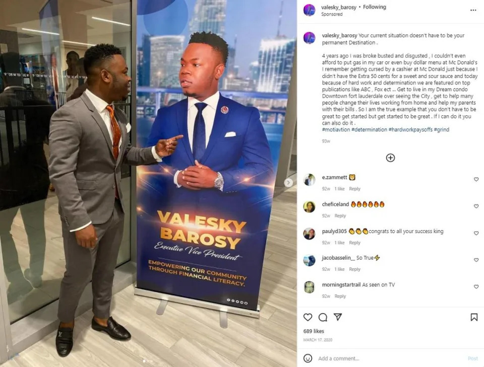 Valesky Barosy, 27, pictured here on his Instagram page, is accused of fraudulently obtaining pandemic-relief loans to buy a Lamborghini, among other luxury goods.