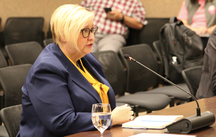 Barbara Kimzey, the incoming superintendent of Pueblo D60, answers questions from the Pueblo D60 board on April 24, 2024.