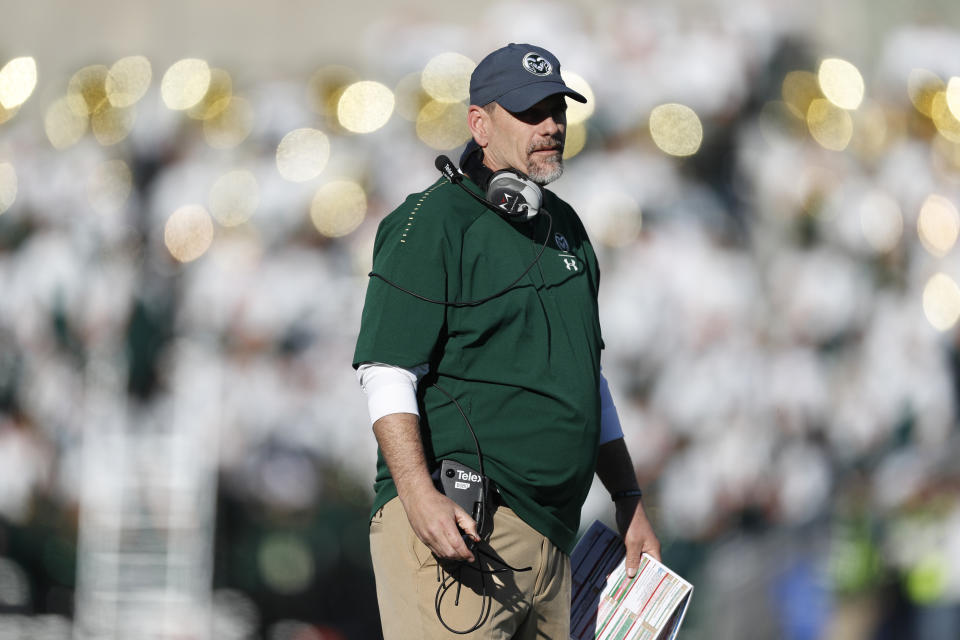 Colorado State head coach Mike Bobo in the second half of an NCAA college football game Saturday, Nov. 2, 2019, in Fort Collins, Colo. Colorado State won 37-17. (AP Photo/David Zalubowski)