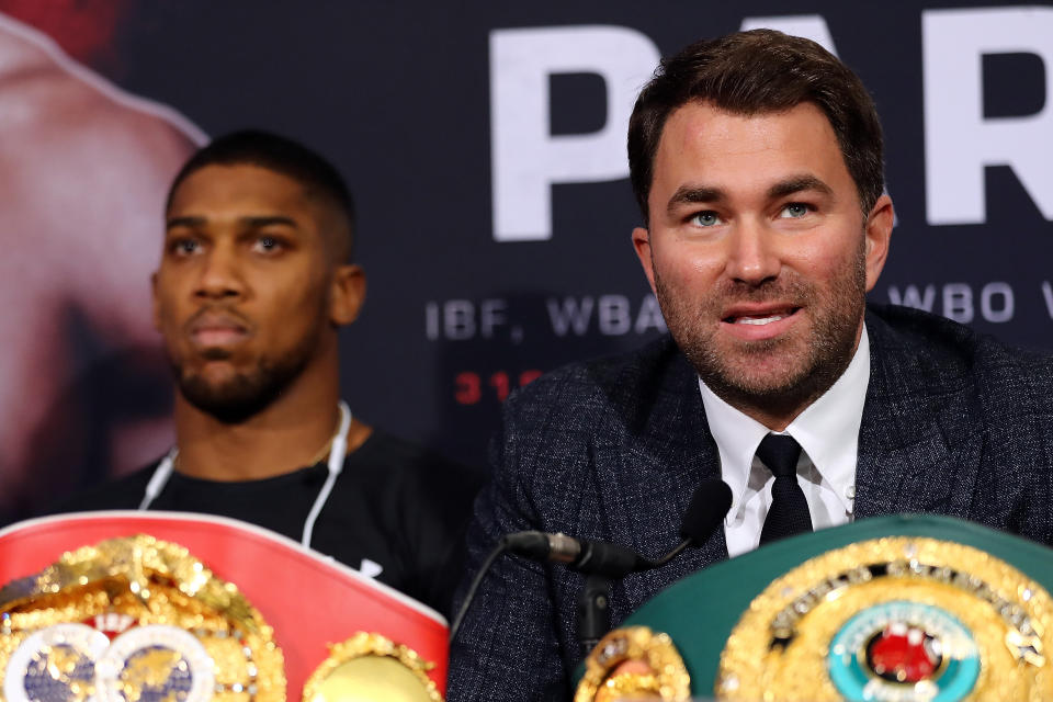 Promoter Eddie Hearn (R) said he is closing in on a deal for IBF-WBA-WBO heavyweight champion Anthony Joshua (L) to defend his title in September against Alexander Povetkin. (Getty Images)