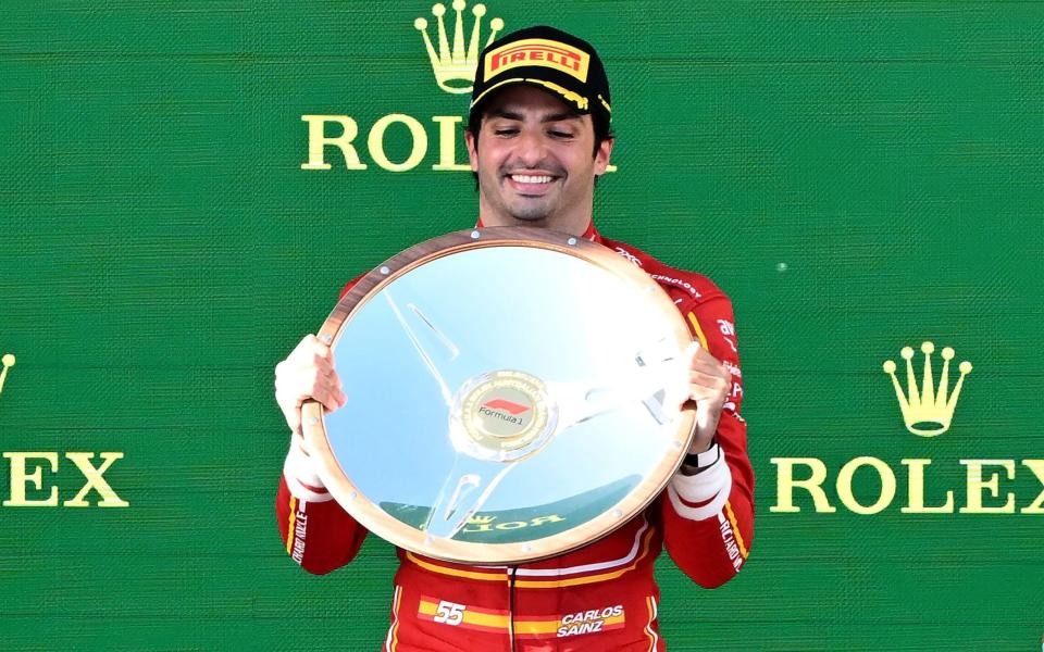 Carlos Sainz of Ferrari celebrates after winning the Australian Grand Prix 2024 at Albert Park Circuit in Melbourne, Australia 24 March 2024. Formula One Australian Grand Prix