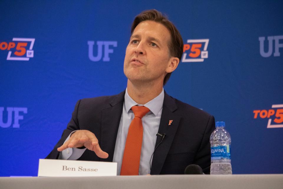 UF Presidential finalist Sen. Ben Sasse answers questions during an open forum discussion at Emerson Alumni Hall in Gainesville, Fla., on Monday, Oct. 10, 2022.
