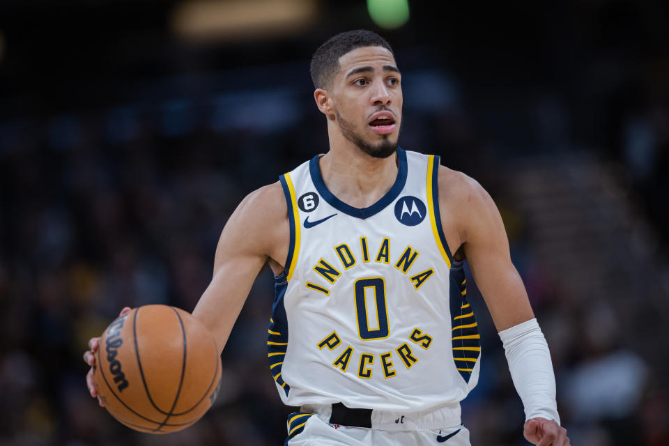 INDIANAPOLIS, IN - JANUARY 08: Tyrese Haliburton #0 of the Indiana Pacers brings the ball up court during the game against the Charlotte Hornets at Gainbridge Fieldhouse on January 8, 2023 in Indianapolis, Indiana. NOTE TO USER: User expressly acknowledges and agrees that, by downloading and or using this photograph, User is consenting to the terms and conditions of the Getty Images License Agreement. (Photo by Michael Hickey/Getty Images)