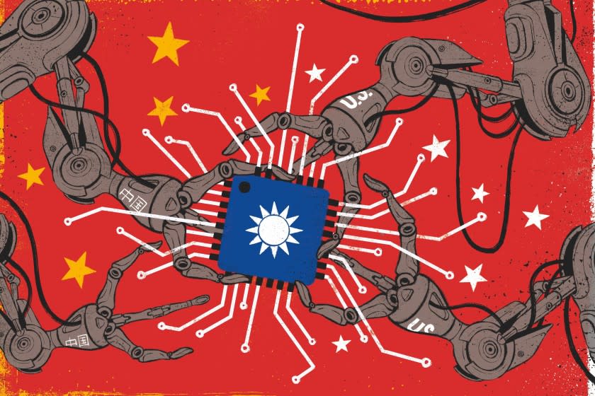 An illustration of robotic arms reaching a nanochip