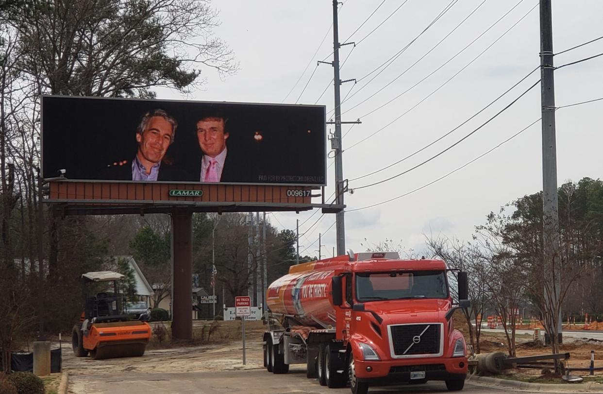 Electronic billboards featuring the images of Donald Trump and late sex trafficker Jeffrey Epstein have appeared in Fayetteville, North Carolina. Locations include this one at Raeford and Strickland Bridge roads and Skibo and Raeford roads, and a location in Spring Lake, North Carolina. There have been reports of the signs in other cities in North Carolina.