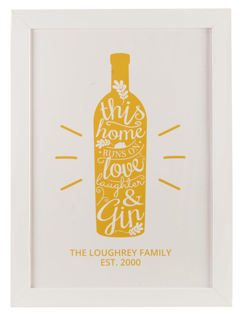 <p>This unique home accessory can be personalised with a family name and date alongside the message 'This Home Runs On Love Laughter & Gin'.</p><p><strong>BUY NOW: </strong><strong><a rel="nofollow noopener" href="https://www.gettingpersonal.co.uk/gifts/personalised-print-this-home-runs-on-gin.htm" target="_blank" data-ylk="slk:Personalised Print - This Home Runs On Gin, from £29.99, GettingPersonal.co.uk;elm:context_link;itc:0;sec:content-canvas" class="link ">Personalised Print - This Home Runs On Gin, from £29.99, GettingPersonal.co.uk</a></strong></p>