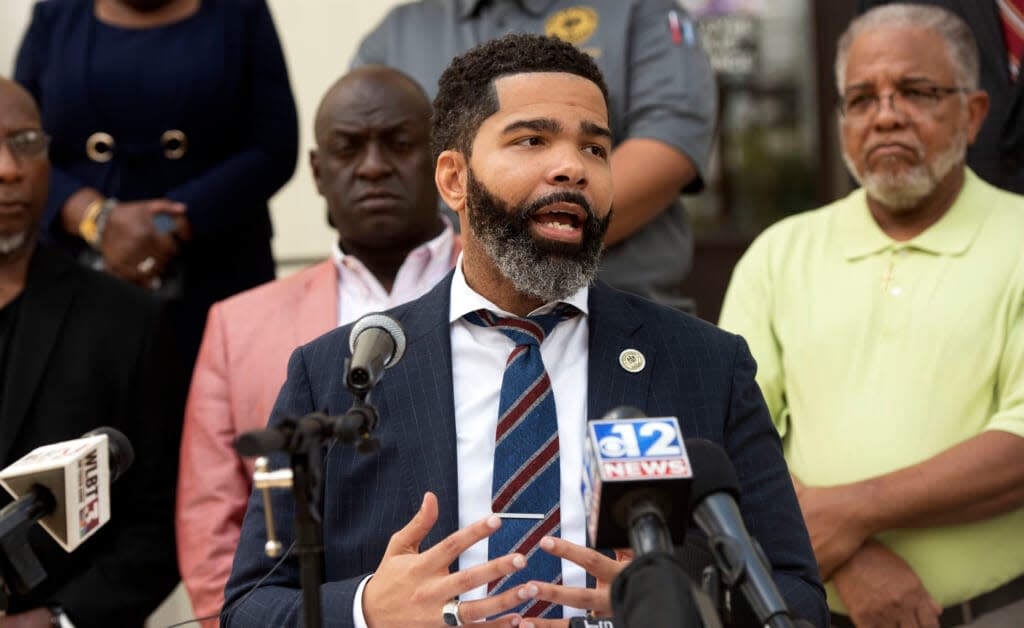 Jackson, Miss., Mayor Chokwe Antar Lumumba addresses the city’s partnership with the state to help address the water crisis in the Capital city during a news conference in Jackson Tuesday, Aug. 30, 2022. On Monday, Mississippi Gov. Tate Reeves announced state assistance to help with Jackson’s water issues. (Barbara Gauntt/The Clarion-Ledger via AP)