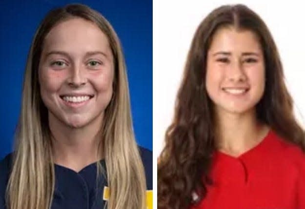 Monroe graduate Ellie Sieler (left) and her Michigan softball team played Indiana and Whiteford graduate Aly VanBrandt during the weekend.