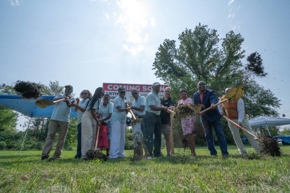 Board members and state representatives break ground for a groundbreaking ceremony for the future site of the Arthur Johnson Center in East St. Louis on Aug. 19, 2023. The Arthur Johnson foundation seeks to empower youth by providing them with the discipline, comradely and mentorship offered by the sport of boxing.