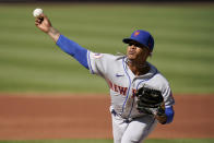 New York Mets starting pitcher Marcus Stroman throws during the first inning in the first game of a baseball doubleheader against the St. Louis Cardinals Wednesday, May 5, 2021, in St. Louis. (AP Photo/Jeff Roberson)