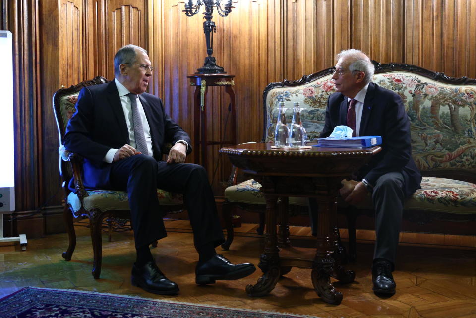 EU High Representative for Foreign Affairs and Security Policy, Josep Borrell (R) meets Russian Foreign Minister Sergei Lavrov in Moscow, Russia, February 5, 2021. / Credit: Russian Foreign Ministry/Handout/Anadolu Agency/Getty