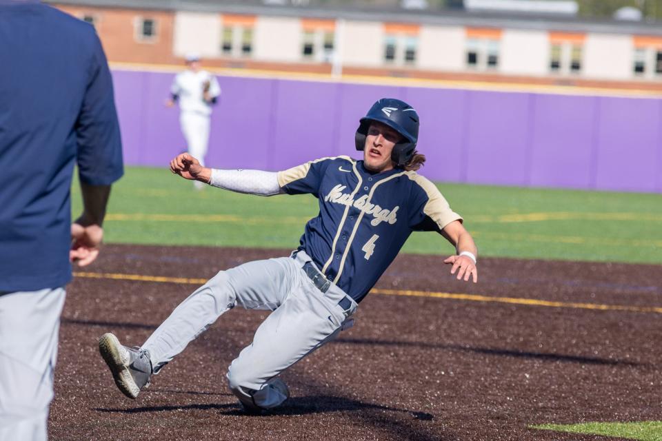 Newburgh's Dylan Iorlano slides into 3rd base at a Newburgh vs Monroe-Woodbury baseball game in Central Valley, NY on May 12, 2022. ALLYSE PULLIAM/For the Times Herald-Record.