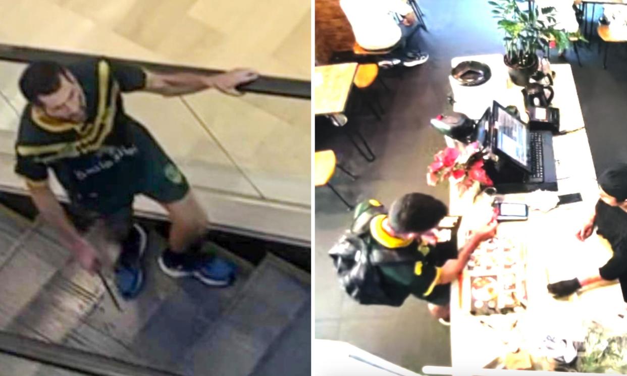 <span>Bondi Junction attacker Joel Cauchi during the mass stabbing in the Westfield shopping centre, and ordering lunch three hours earlier at Saigon Noodle in the Oxford Street mall.</span><span>Composite: X/Saigon Noodle</span>