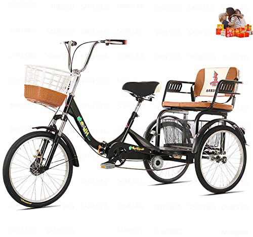 Adult tricycle folding 3 wheel bike for women 20 inch Adult tricycle with child seat trike large vegetable basket adult tricycle bicycle Shock-absorbing fork double chain 3 rounds for seniors (black)