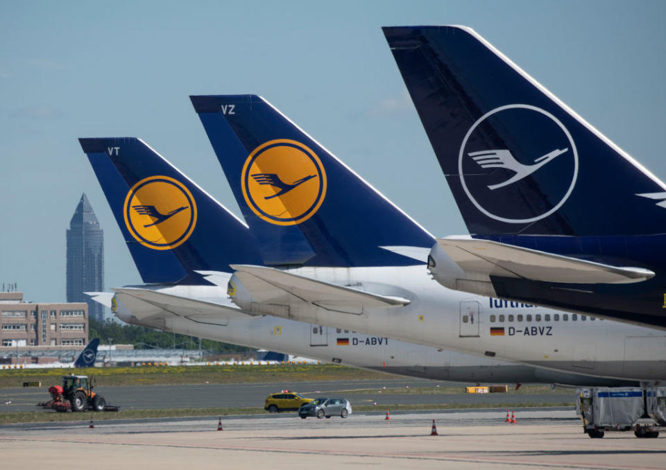 06 May 2020, Hessen, Frankfurt/Main: Decommissioned Lufthansa passenger aircraft stand on the empty runway at Frankfurt Airport. As a result of the global corona pandemic, air traffic has also almost completely collapsed at the Frankfurt hub, Lufthansa has got into massive financial difficulties. Photo: Boris Roessler/dpa (Photo by Boris Roessler/picture alliance via Getty Images)