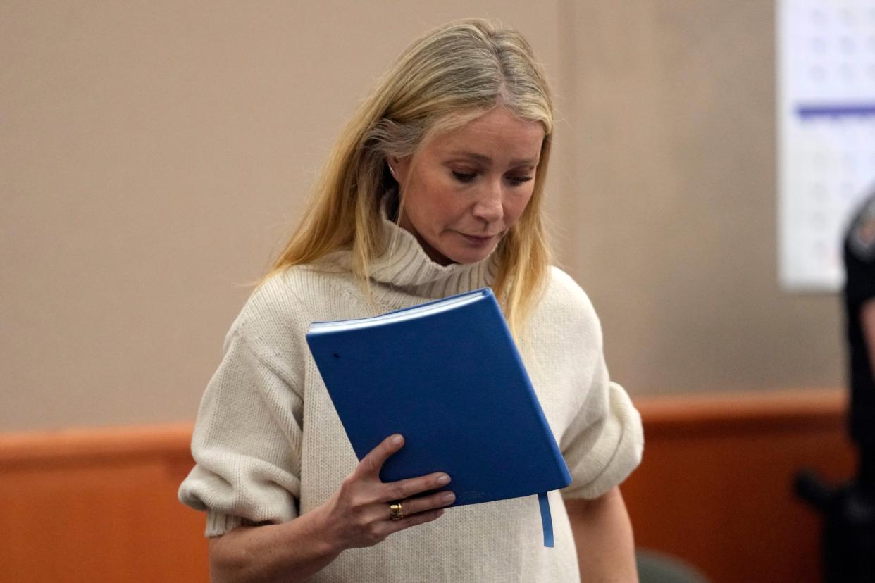 Actor Gwyneth Paltrow exits a courtroom, Tuesday, March 21, 2023, in Park City, Utah, where she is accused in a lawsuit of crashing into a skier during a 2016 family ski vacation, leaving him with brain damage and four broken ribs (AP)