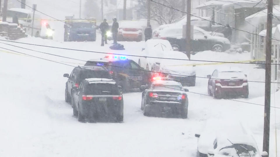 Police work the scene of a murder-suicide following a shoveling dispute that left three dead in Plains Township, Pa., on Feb. 1, 2021. (WBRE)