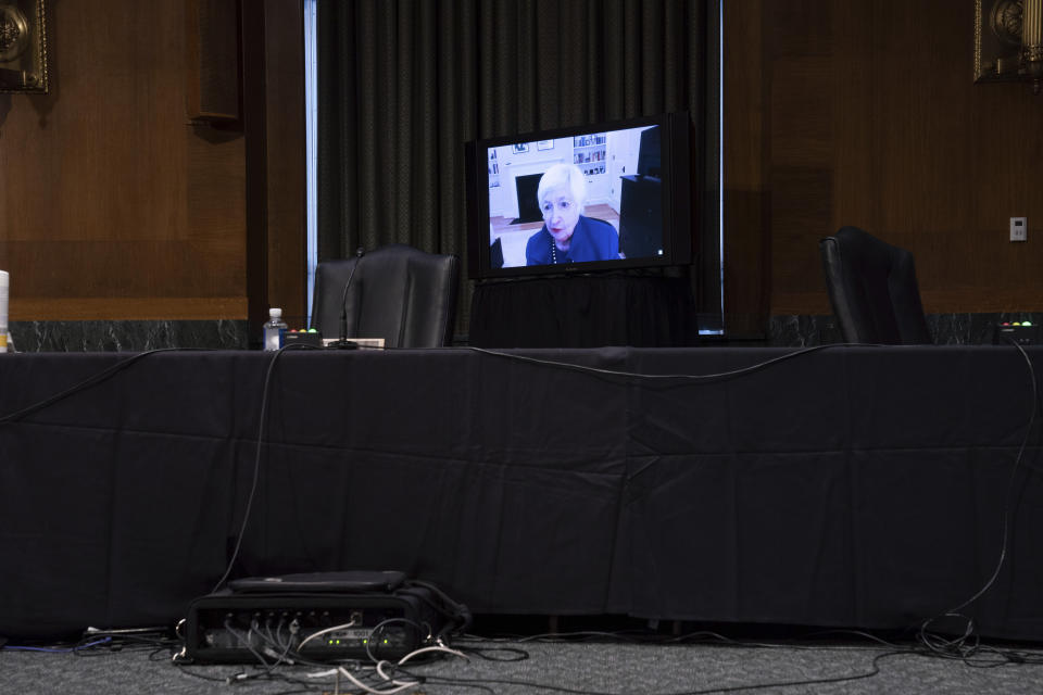 Treasury Secretary-nominee Janet Yellen appears virtually during a confirmation hearing before the Senate Finance Committee on Capitol Hill, Tuesday, Jan. 19, 2021, in Washington. (Anna Moneymaker/The New York Times via AP, Pool)