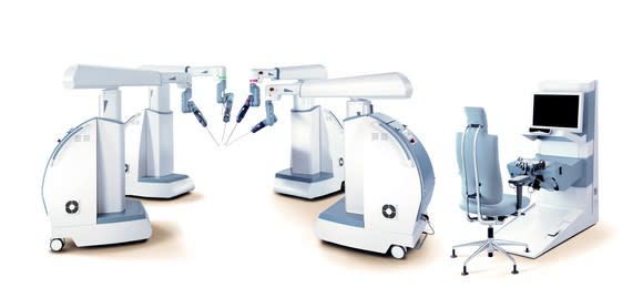 A multiport Senhance robotic surgery system in a hospital room.