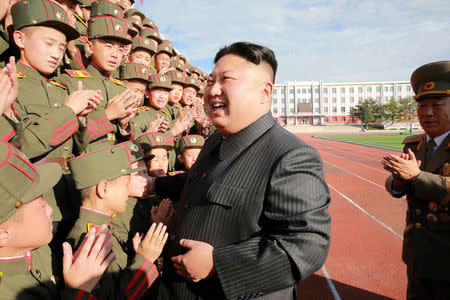 FILE PHOTO: North Korea's leader Kim Jong Un visits the Mangyongdae Revolutionary Academy on its 70th anniversary, in this undated photo released by North Korea's Korean Central News Agency (KCNA) in Pyongyang October 13, 2017. KCNA/File Photo via REUTERS.