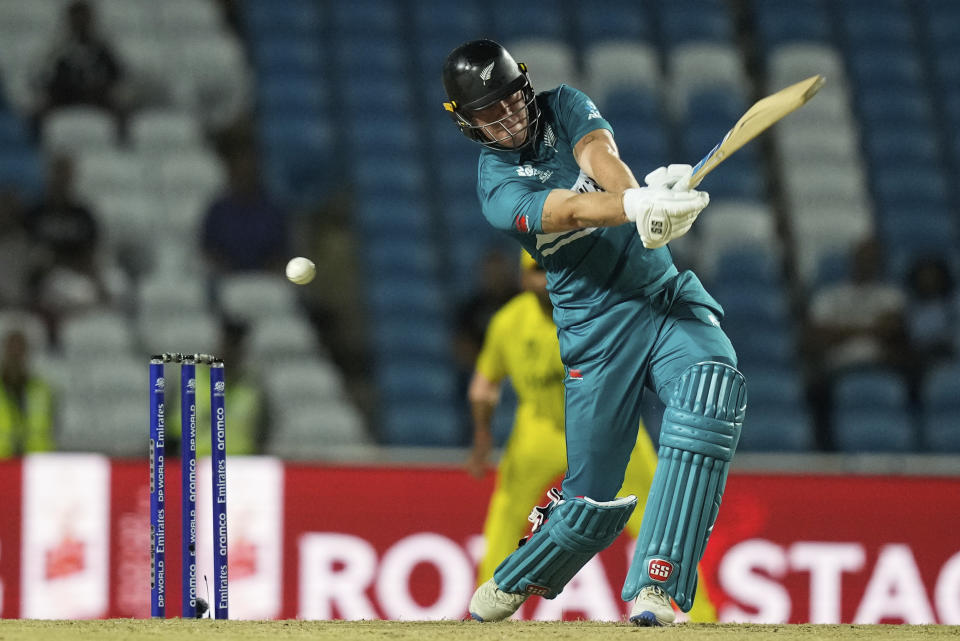 New Zealand's Finn Allen bats against Uganda during an ICC Men's T20 World Cup cricket match at the Brian Lara Cricket Academy in Tarouba, Trinidad and Tobago, Friday, June 14, 2024. (AP Photo/Ramon Espinosa)