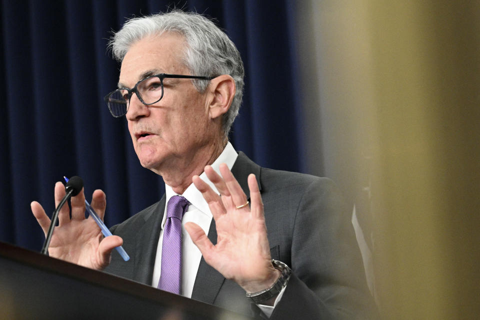 US Federal Reserve Chairman Jerome Powell speaks during a press conference at the end of the two-day Federal Open Market Committee (FOMC) meeting at the Federal Reserve in Washington, DC, on March 20, 2024. The Reserve voted Wednesday to hold interest rates at a 23-year high, between 5.25 percent and 5.50 percent, for a fifth consecutive meeting, and signaled it still expects to make three rate cuts this year. (Photo by Mandel NGAN / AFP) (Photo by MANDEL NGAN/AFP via Getty Images)