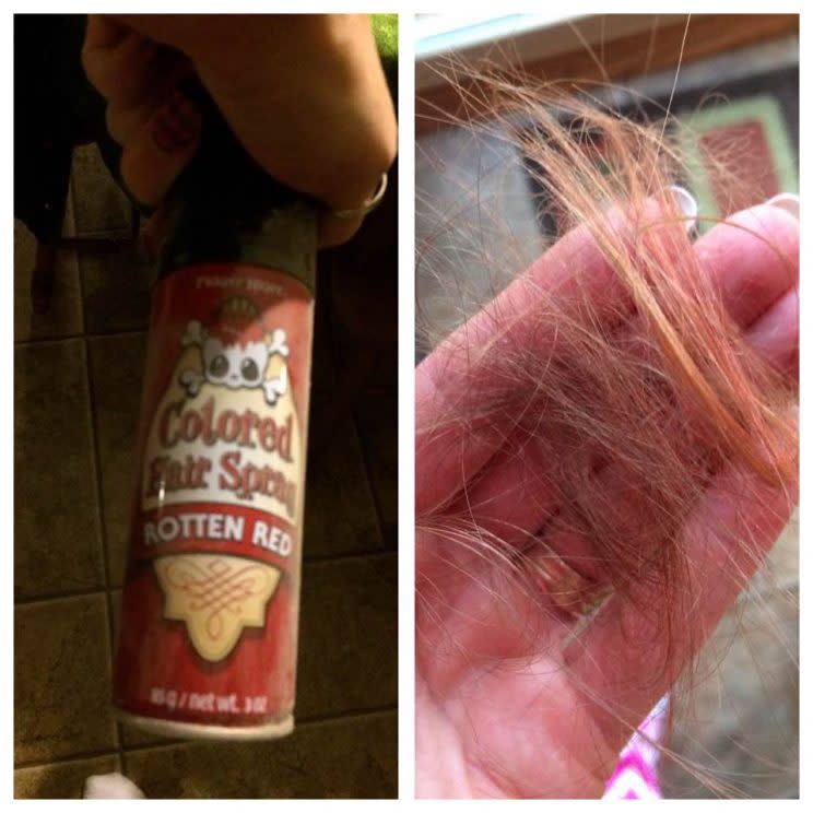 A mom says that Fright Night Colored Hair Spray in Rotten Red caused her 3-year-old’s hair loss. (Photo: Facebook/Karina Wyatt)