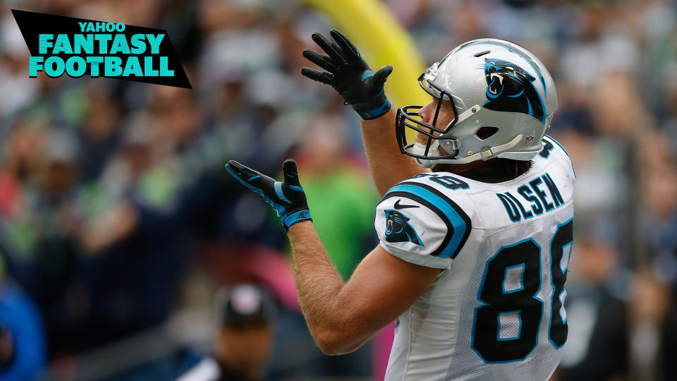 Former Carolina Panthers TE Greg Olsen catches a pass against Seattle in 2015. How will he fare in 2020 as a member of the Seahawks? Liz Loza & Matt Harmon discuss on the latest Yahoo Fantasy Football Podcast. (Photo by Otto Greule Jr/Getty Images)