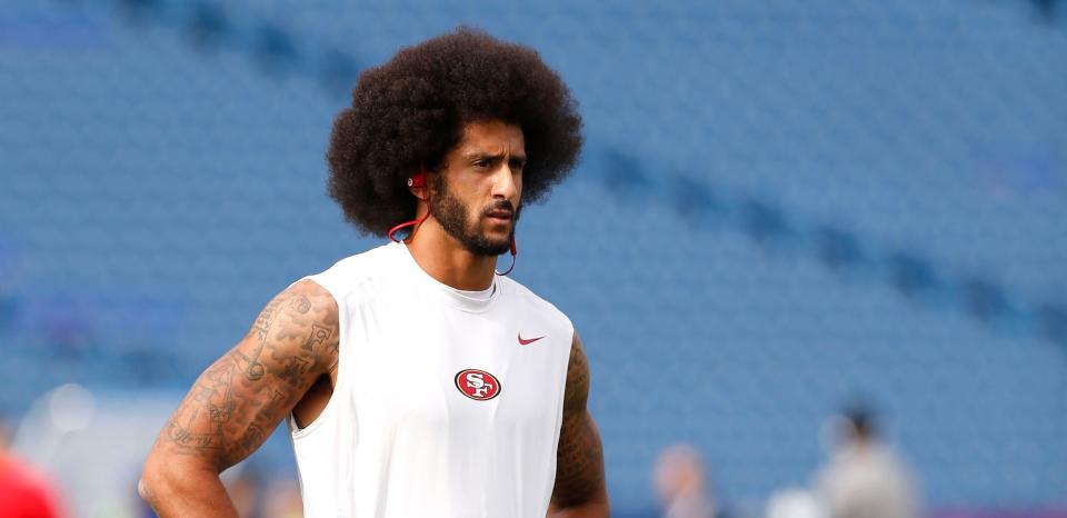 Oct 16, 2016; Orchard Park, NY, USA; San Francisco 49ers quarterback Colin Kaepernick (7) on the field before the game against the Buffalo Bills at New Era Field. Mandatory Credit: Kevin Hoffman-USA TODAY Sports ORG XMIT: USATSI-268380 ORIG FILE ID: 20161016_jla_ah8_003.jpg