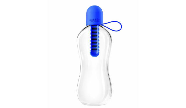 Clear water bottle with blue lid 