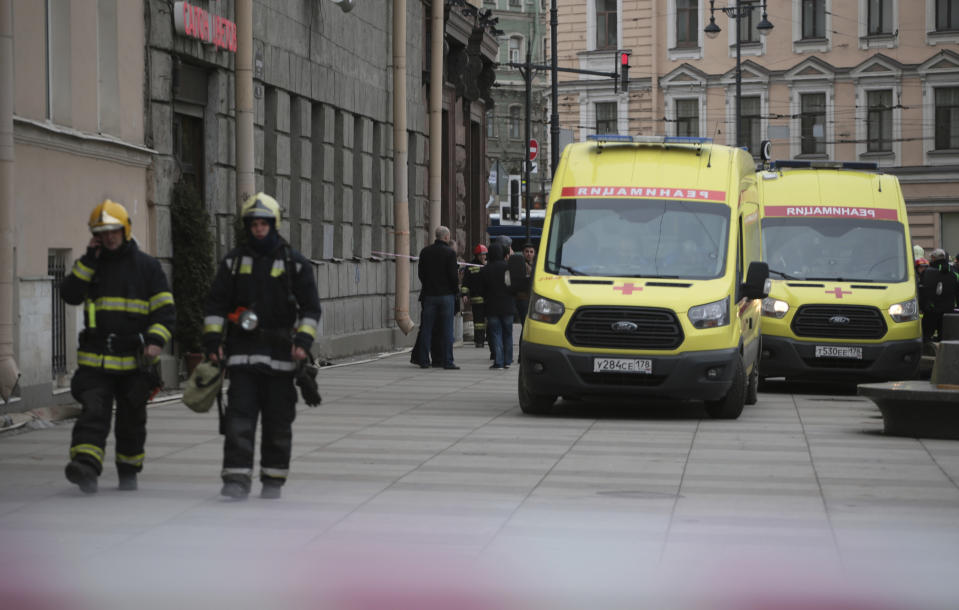 Russian emergency service patrol an area near to the Tekhnologicheskaya metro station after an explosion in St.Petersburg subway in St.Petersburg, Russia, Monday, April 3, 2017, with fatalities and many injured in the subway train blast. A spokesman for Russia's top anti-terror agency says law enforcement agents have found and defused another explosive device on St. Petersburg's subway. (AP Photo/Yevgeny Kurskov)