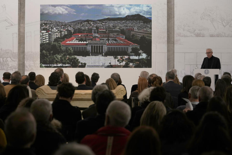 The British architect, David Chipperfield, speaks at a presentation event for the planned renovation of the National Archaeological Museum, in Athens, Greece, on Wednesday, Feb. 15, 2023. Chipperfield, is leading the project that will expand the museum's exhibition space, create a new entrance, and garden space. The museum, which showcases artifacts from ancient Greece, is considered to be one of the most important in the world. (AP Photo/Thanassis Stavrakis)