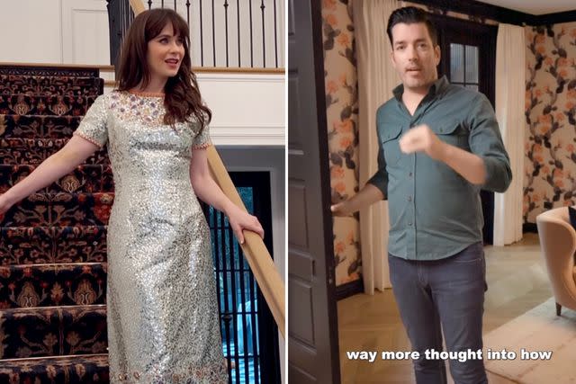 Zooey Deschanel/Instagram, Jonathan Scott/Instagram Zooey Deschanel (left) stands on the grand staircase of her newly-renovated L.A. home, while Jonathan Scott (right) shows off the funky wallpaper.