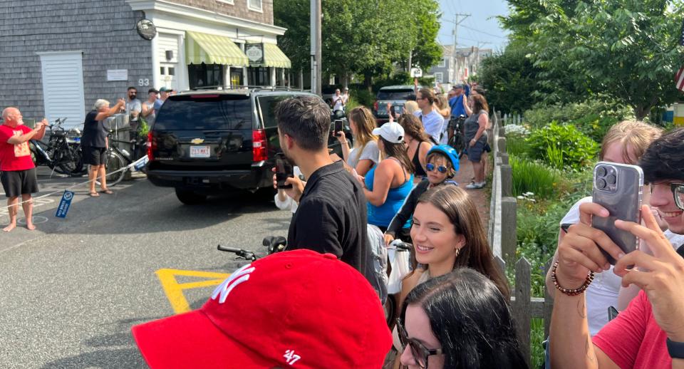 Commercial Street in Provincetown is crowded on Friday as Jill Biden, first lady of the United States, heads in a motorcade to a fundraiser to reelect her husband, President Joe Biden, in 2024.