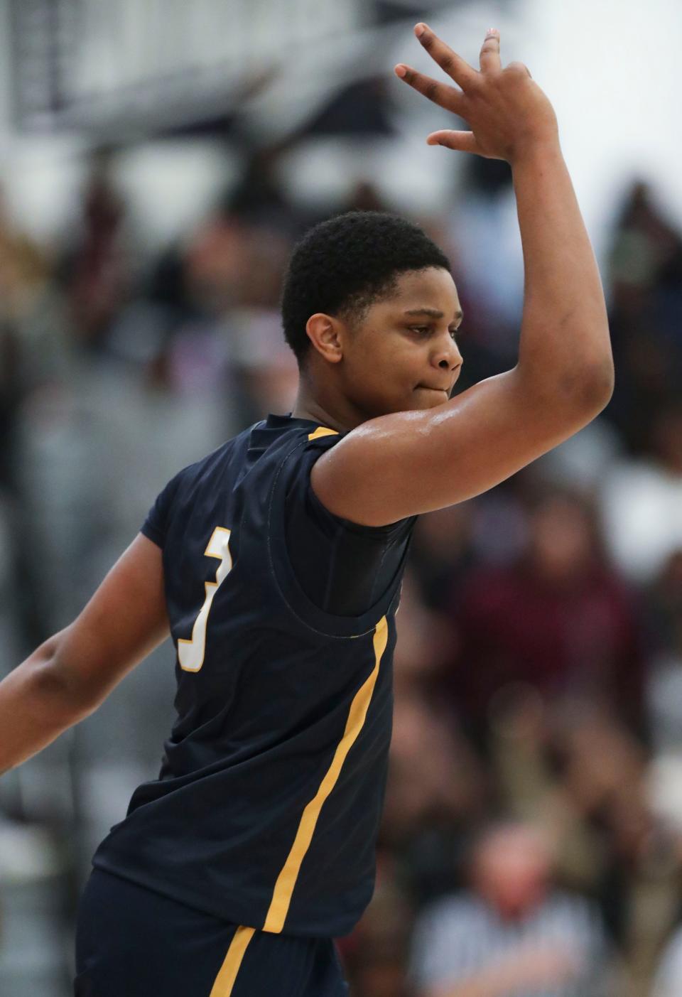 Seaford's Kashmier Wise reacts after hitting a three-pointer in the second half of Seaford's 65-62 win at Lake Forest High, Tuesday, Jan. 30, 2024.