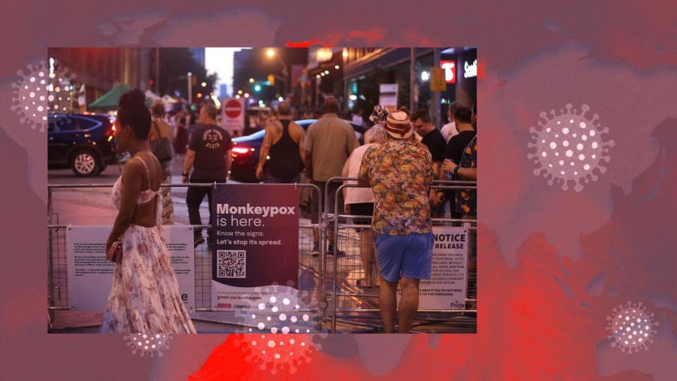 <div class="inline-image__caption"><p>Signs from Toronto Public Health offer resources and information for Monkey Pox at the annual Dyke March in downtown Toronto.</p></div> <div class="inline-image__credit">Steve Russell/Toronto Star via Getty Images</div>