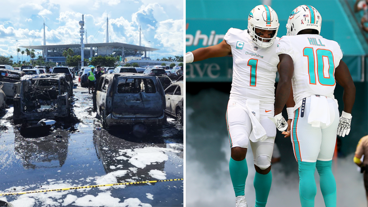 A fire broke out at a Miami Dolphins tailgate and scorched several car