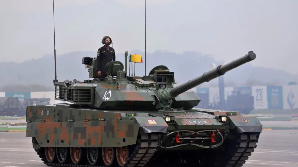 A Pakistani-made tank participates in a military parade in Islamabad, Pakistan, on March 23, 2024. (AP)