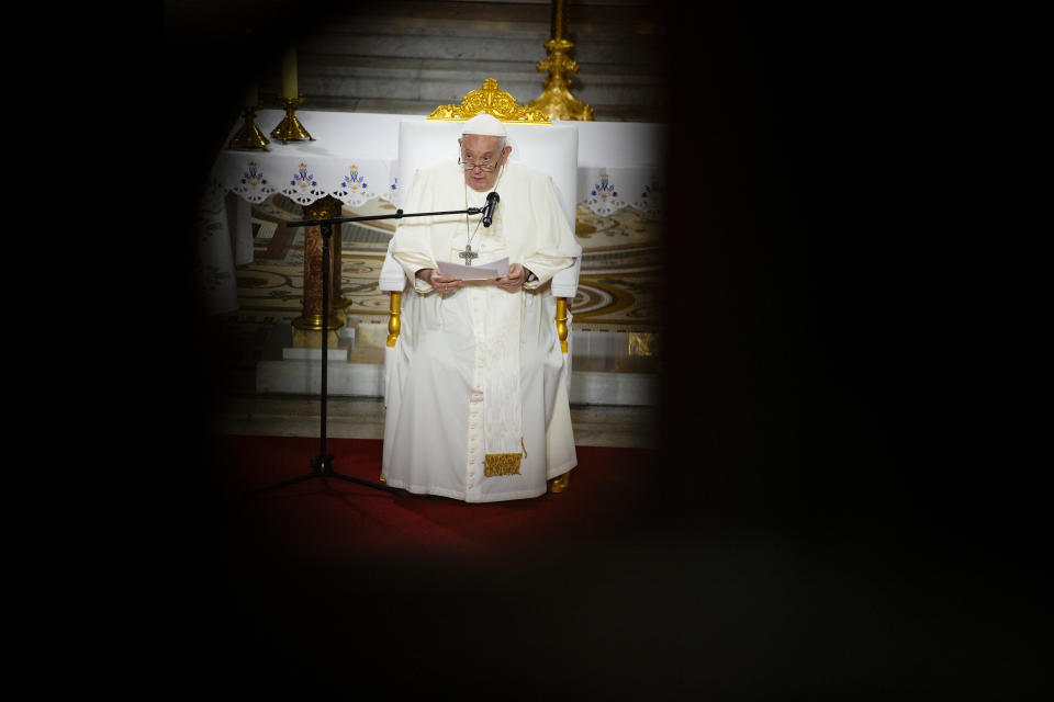 Pope Francis delivers his speech during a Marian prayer with the diocesan clergy at the Notre Dame de la Garde Basilica, in Marseille, France, Friday, Sept. 22, 2023. Francis, during a two-day visit, will join Catholic bishops from the Mediterranean region on discussions that will largely focus on migration. (AP Photo/Daniel Cole)