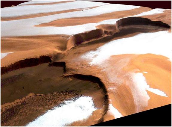 Pockets of water ice on the southern pole of Mars, such as these, have been stopped from their once-routine migration by a cap of dry ice, or frozen carbon dioxide. Planetary scientists think the migrations was fueled by an eccentric wobble in