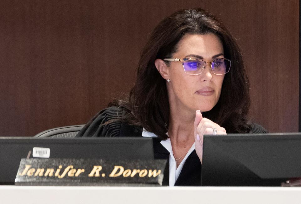Judge Jennifer R. Dorow presides over a hearing for Darrell Brooks Monday, April 4, 2022 in Waukesha County Court in Waukesha, Wis. He is charged with killing five people and injuring nearly 50 after plowing through a Christmas parade with his sport utility vehicle on November 21.