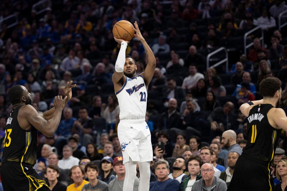 Feb 13, 2023; San Francisco, California, USA; Washington Wizards guard Monte Morris (22) takes a three-point shot against the Golden State Warriors during the second half at Chase Center.