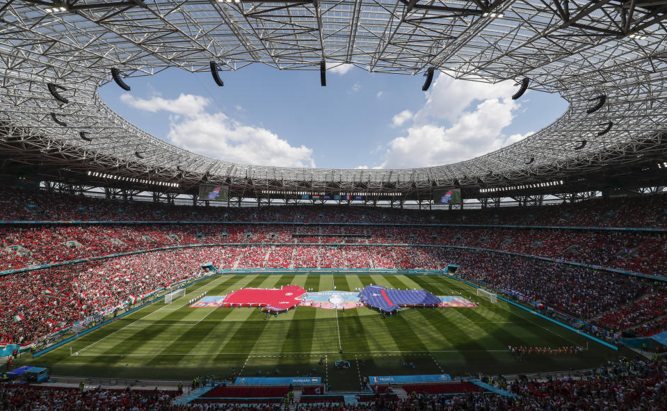 General view ahead of the Euro 2020 soccer championship group F match between Hungary and France at the Ferenc Puskas stadium in Budapest, Hungary, Saturday, June 19, 2021. (AP Photo/Laszlo Balogh,Pool)